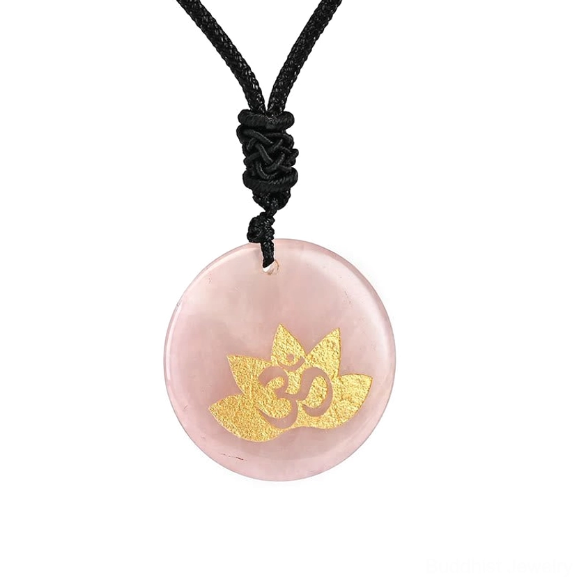 Pink Crystal OM Lotus pendant necklace - rose quartz pink stone with black woven cord and gold-stamped Buddhist healing symbols