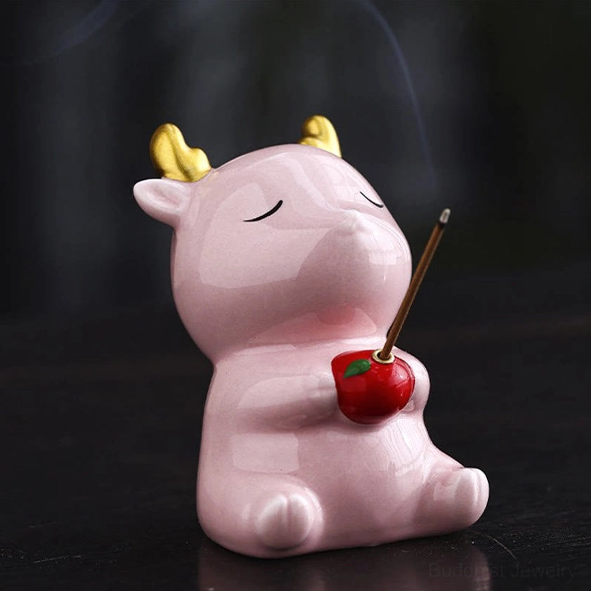 Pink Ceramic Deer Incense Burner with Golden Antlers - Gentle Spiritual Decoration