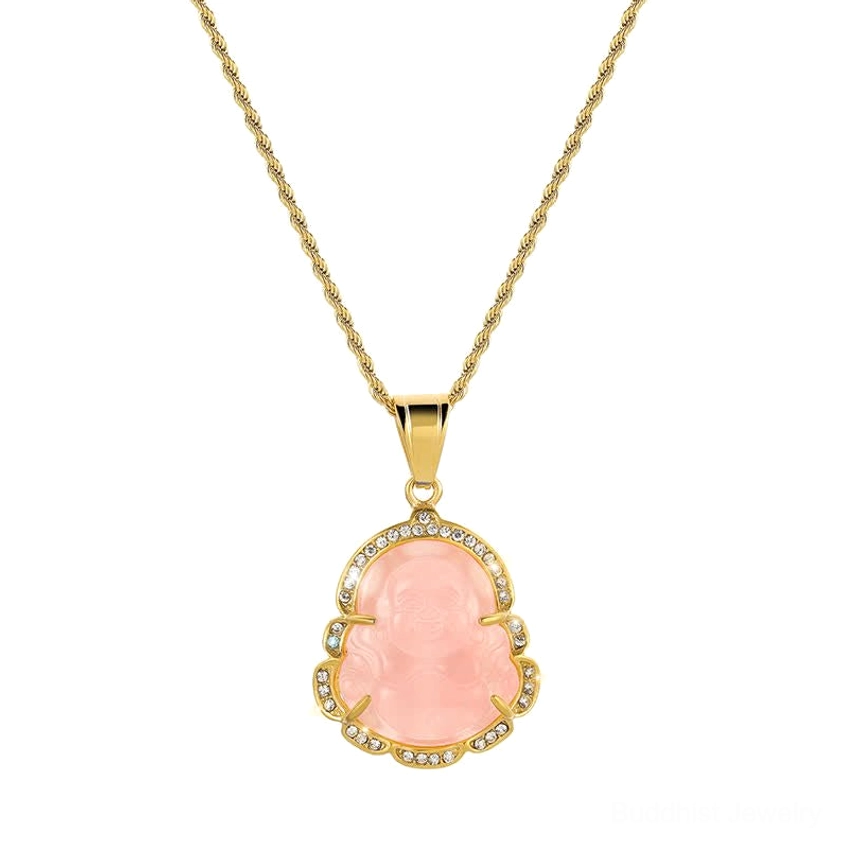 Pink jade Laughing Buddha necklace thin gold cable chain diamond-trimmed white background