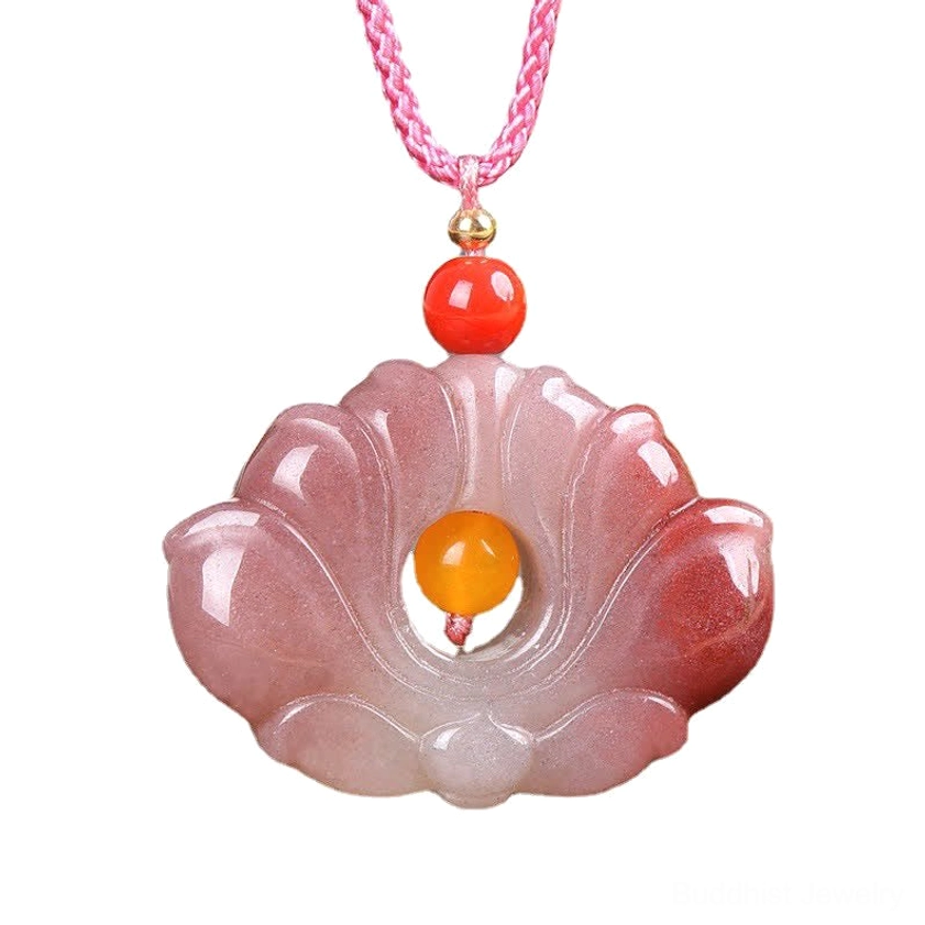 Pink silk jade lotus pendant necklace with golden red accent beads spiritual jewelry