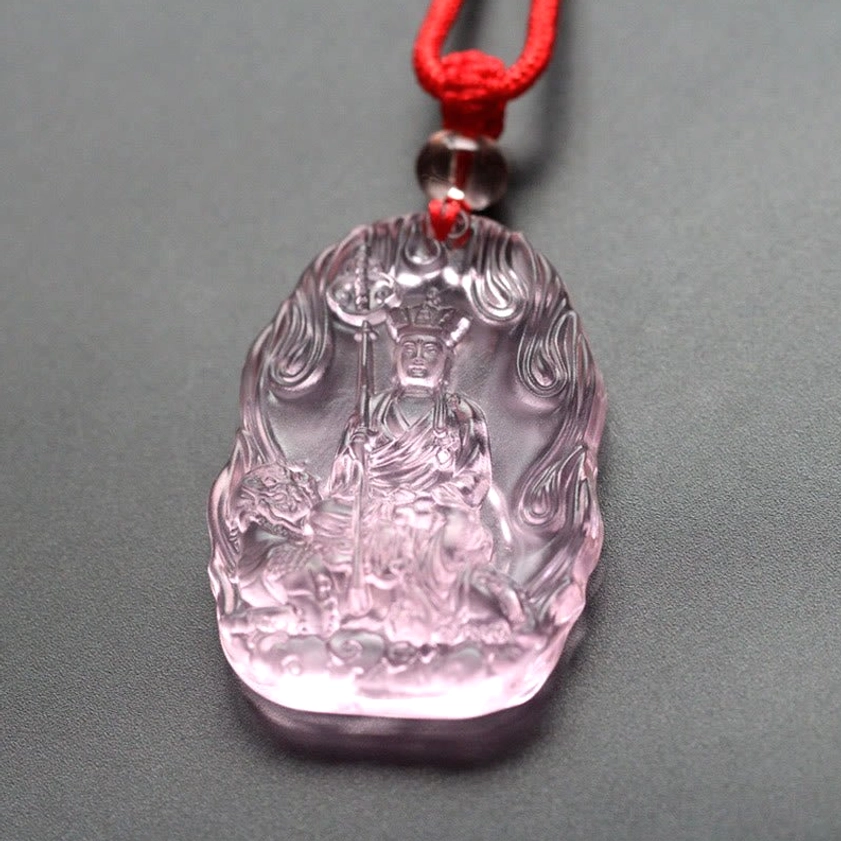 Soft pink Ksitigarbha Bodhisattva crystal pendant with flame relief frame and embossed Buddha design