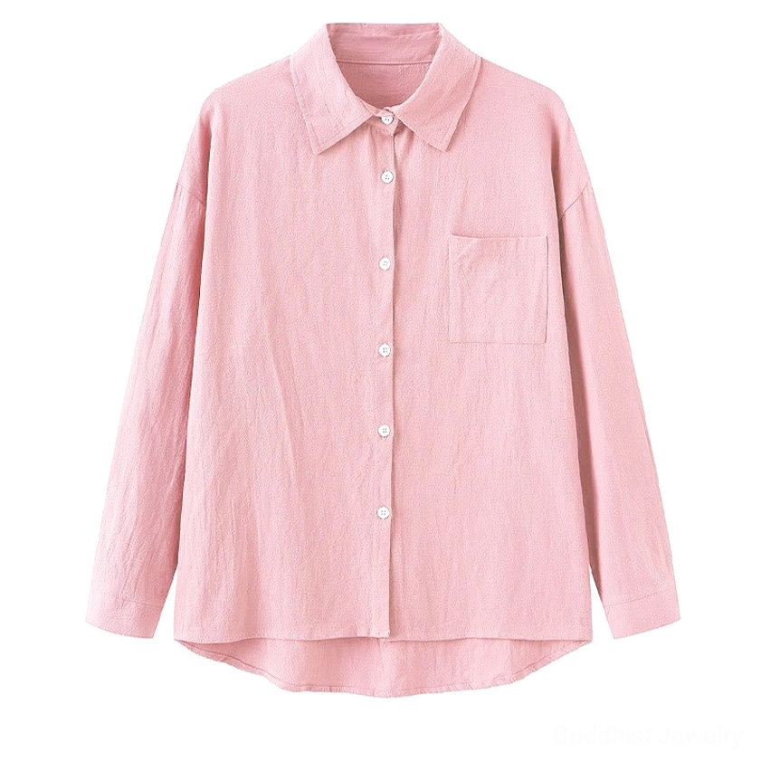 Pink long-sleeve meditation shirt with collar and chest pocket front flat lay