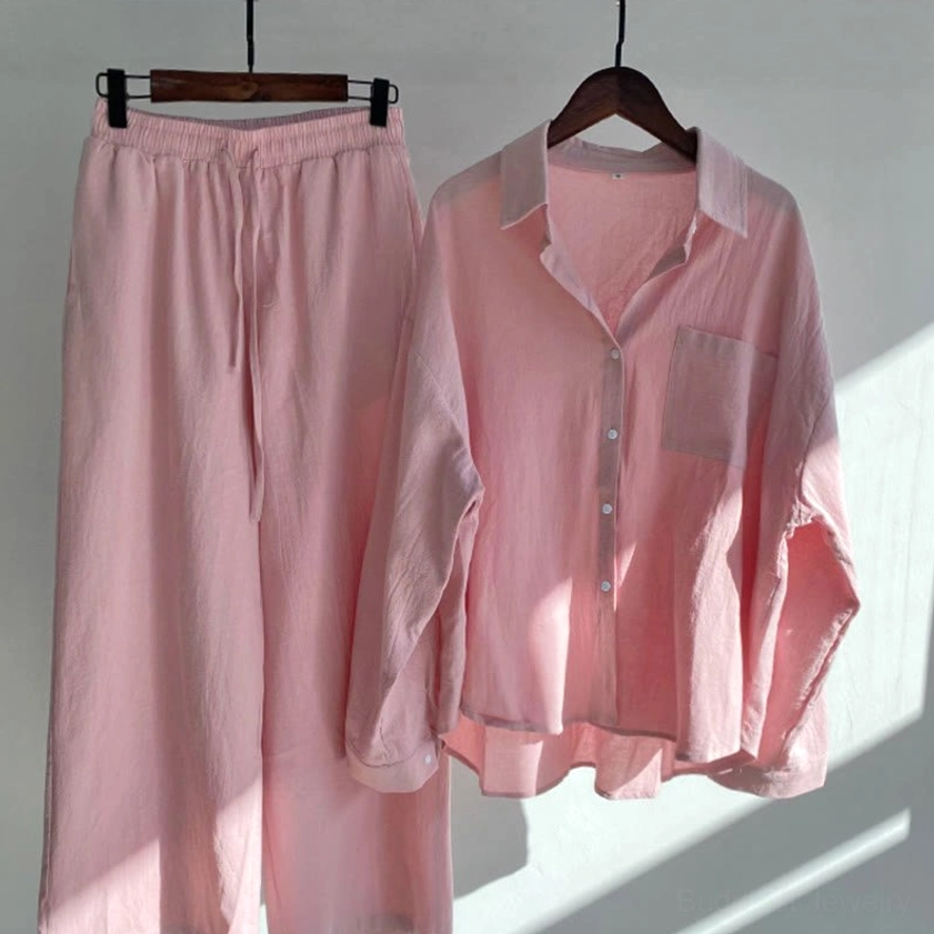 Pink meditation cotton clothing set displayed with natural indoor lighting
