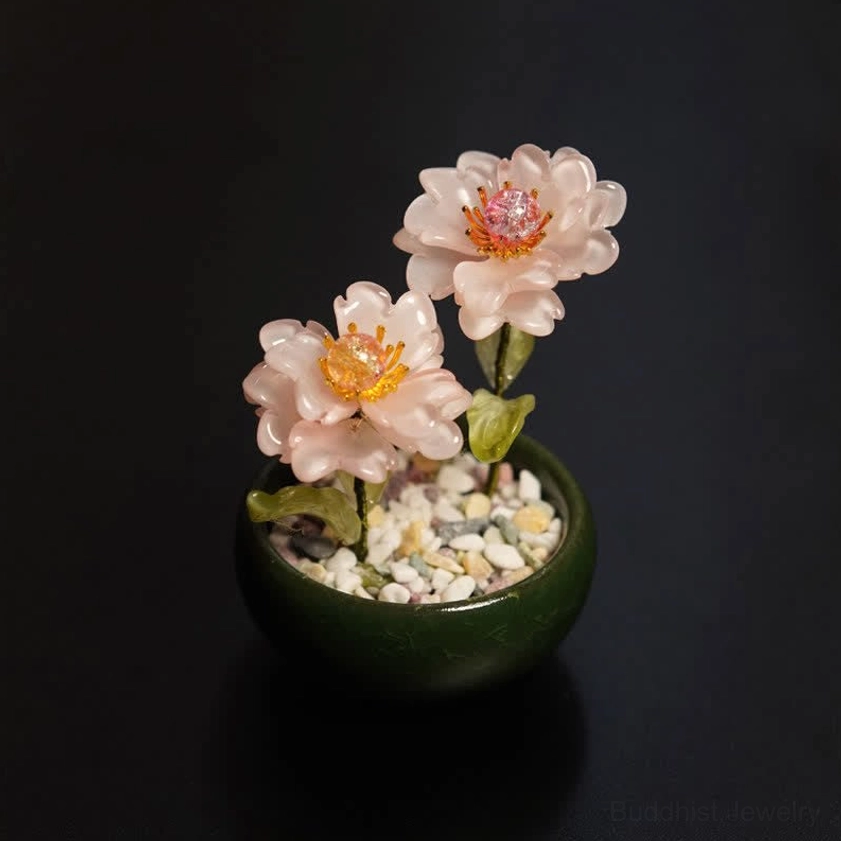 Pink Peony Liuli Crystal Bonsai Decor - Blush Peach Peony Flowers with White Gravel and Dark Green Ceramic Planter for Spiritual Decor