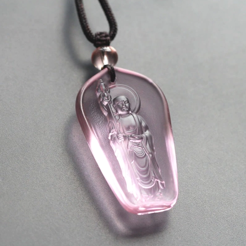 Soft pink standing Ksitigarbha teardrop Liuli crystal pendant with Buddha figure and spiritual halo