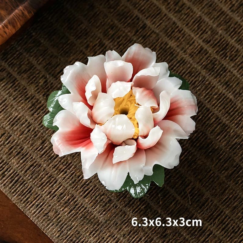 Pink and white peony incense burner holder combination set view