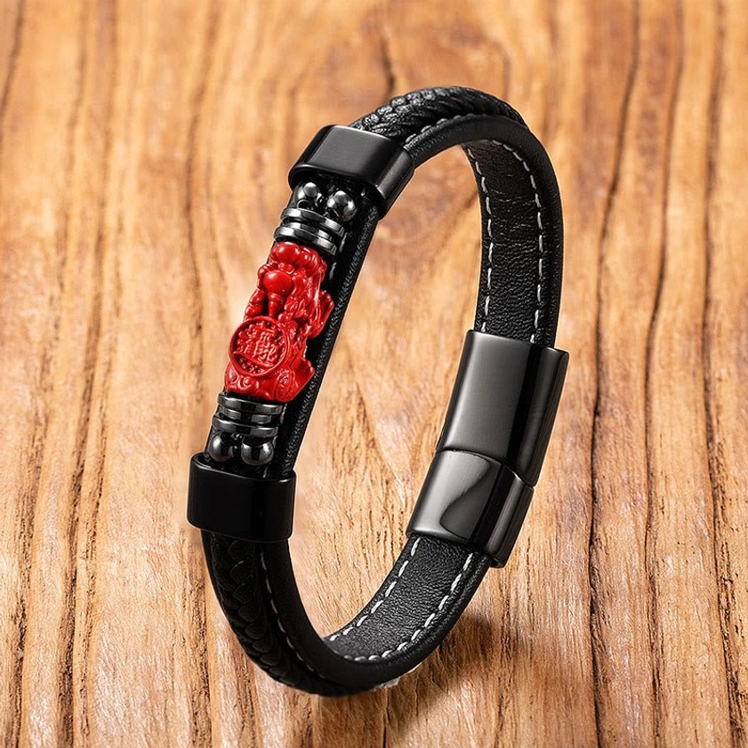 Pixiu attract wealth character cinnabar leather bracelet with carved red bead and stainless steel clasp