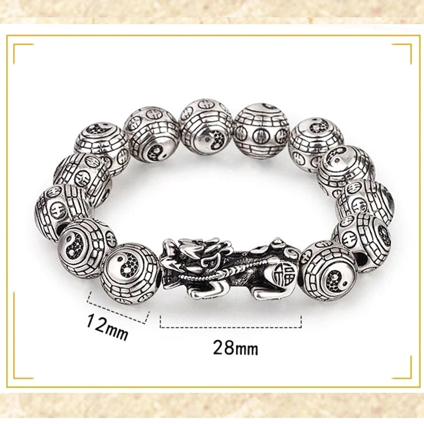 Buddhist Pixiu wealth bracelet 12mm size specification with 28mm charm, silver engraved fortune beads and center Pixiu guardian charm on white background