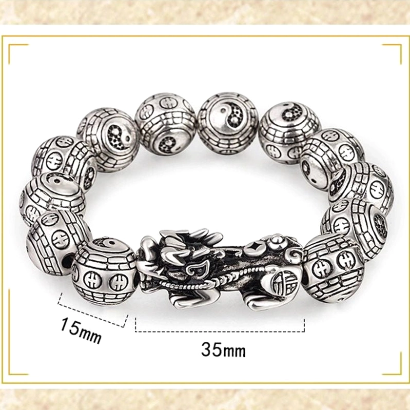 Buddhist Pixiu wealth bracelet 15mm size option with 35mm charm, silver fortune-carved beads and protective Pixiu charm center piece