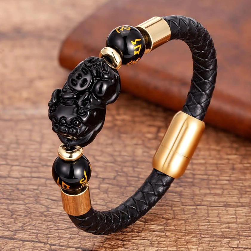 Black Onyx PiXiu leather bracelet side view - handcrafted Buddhist charm bracelet with stainless steel accents