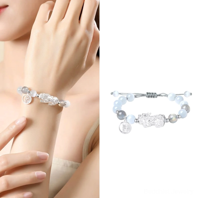 Complete Pixiu prosperity bracelet collection showing all gemstone and metal combinations available