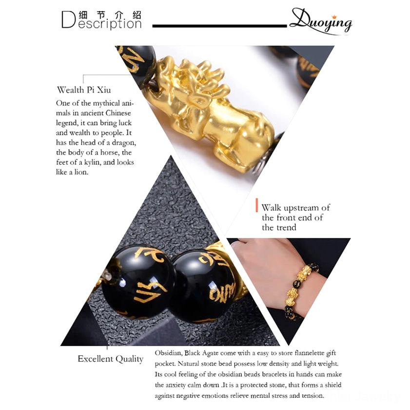 Buddhist Pixiu bracelet close-up detail showing engraved beads golden charms and craftsmanship quality