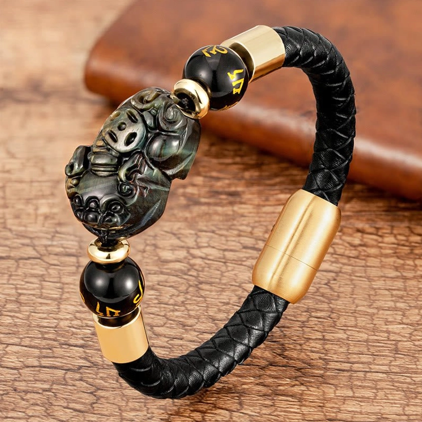 Red Agate PiXiu leather bracelet side view - handcrafted Buddhist talisman with natural stone beads