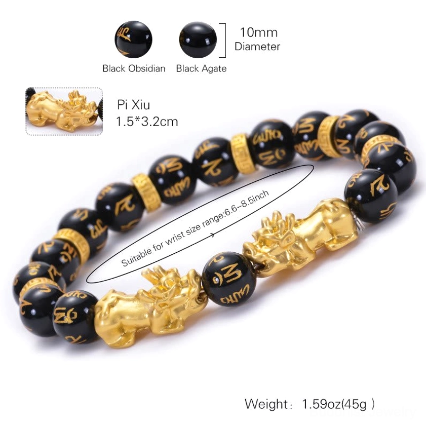 Pixiu Buddhist bracelet specifications showing 10mm beads and adjustable circumference 6.57-8.5 inches
