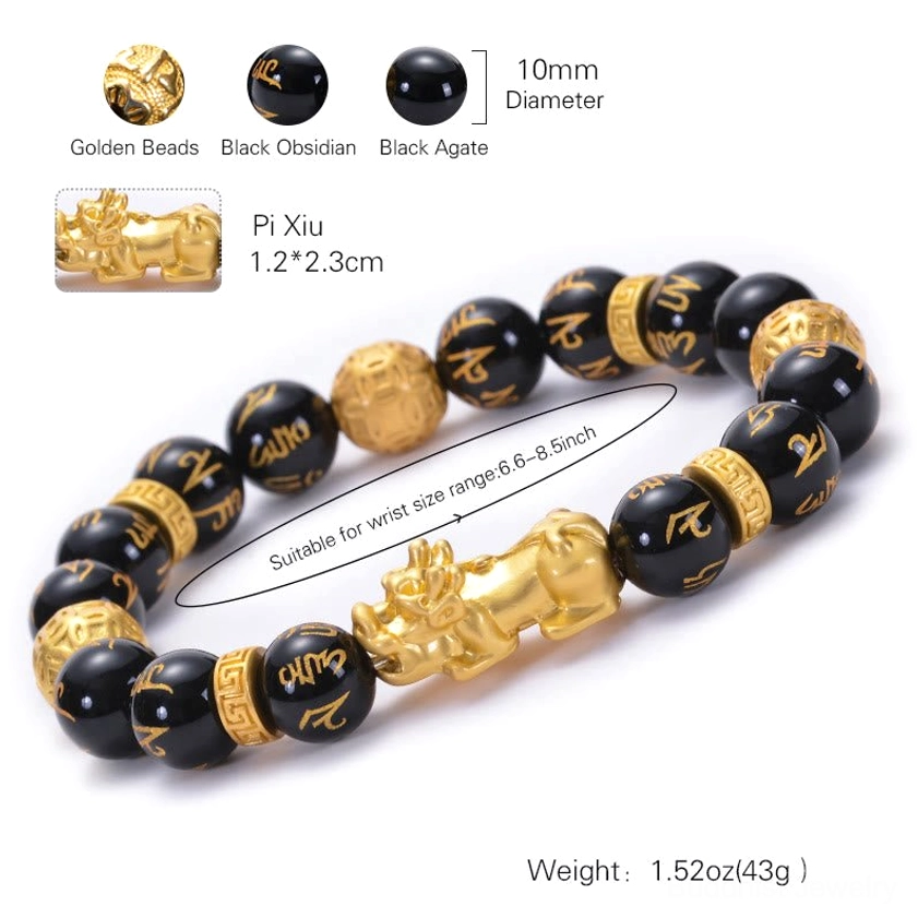 Black obsidian onyx Pi Xiu bracelet with size markings and complete product display on white background