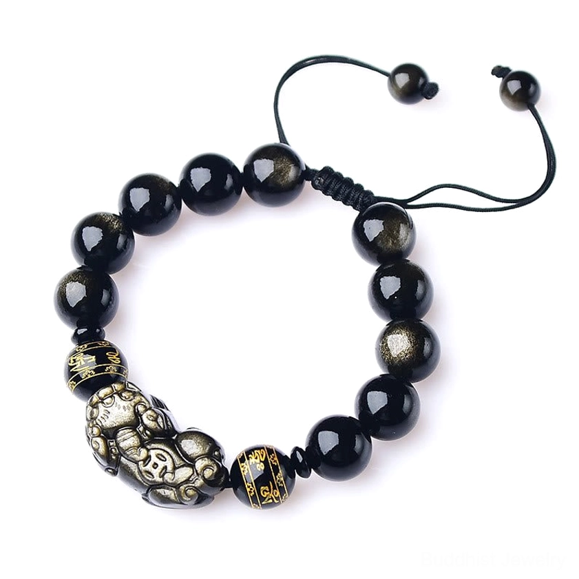 Gold sheen obsidian Pixiu Om Mani Padme Hum wealth bracelet for protection and prosperity