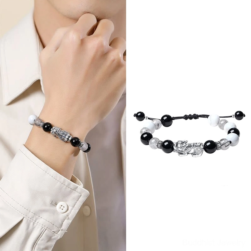 Pixiu luck bracelet displayed on wrist and flat lay, showing adjustable cord and sterling silver design
