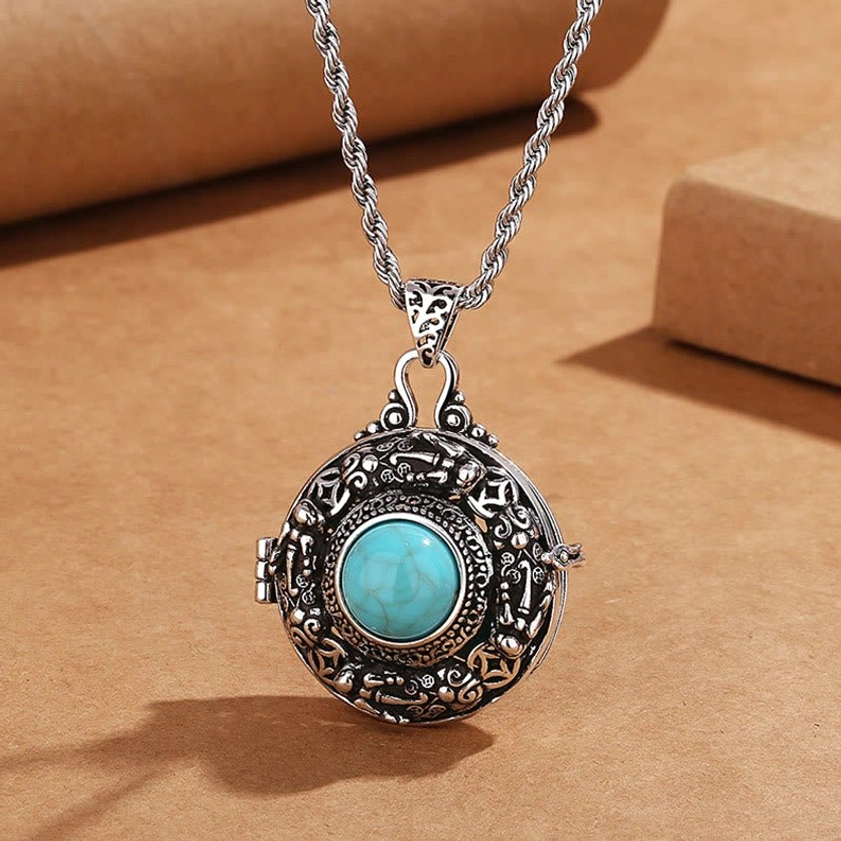 Buddhist pixiu pendant necklace front view with carved metal design