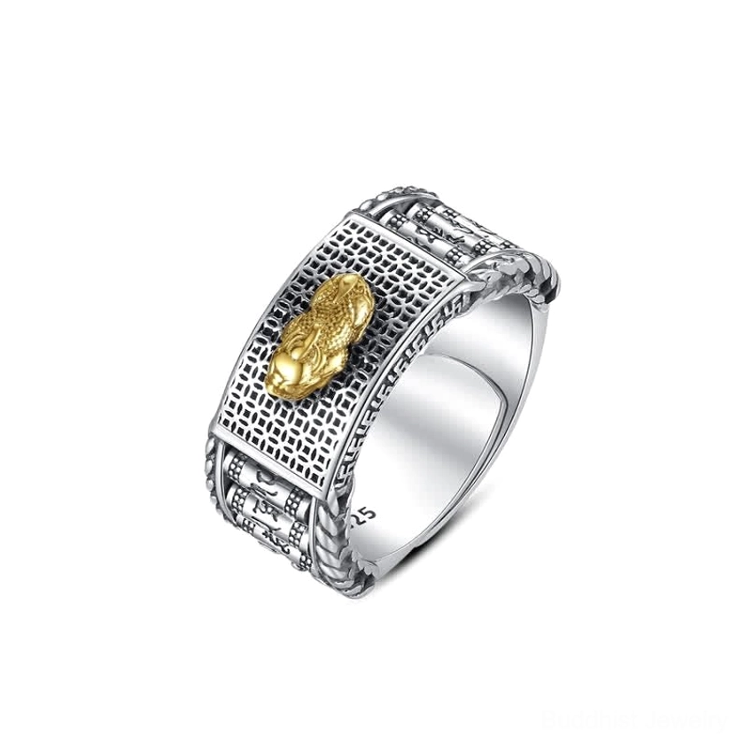 Pixiu Buddhist prosperity ring - detailed view highlighting handcrafted artisan quality, spiritual significance for wealth attraction and fortune protection