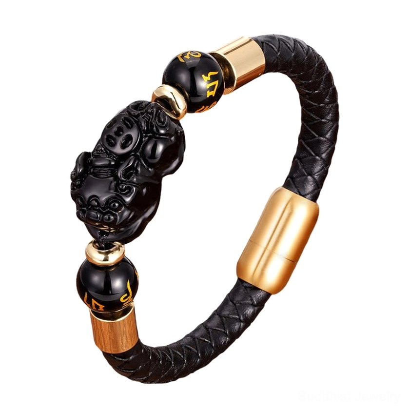 Black leather PiXiu bracelet detail - carved Pi Xiu charm with premium braided leather and gold metal parts