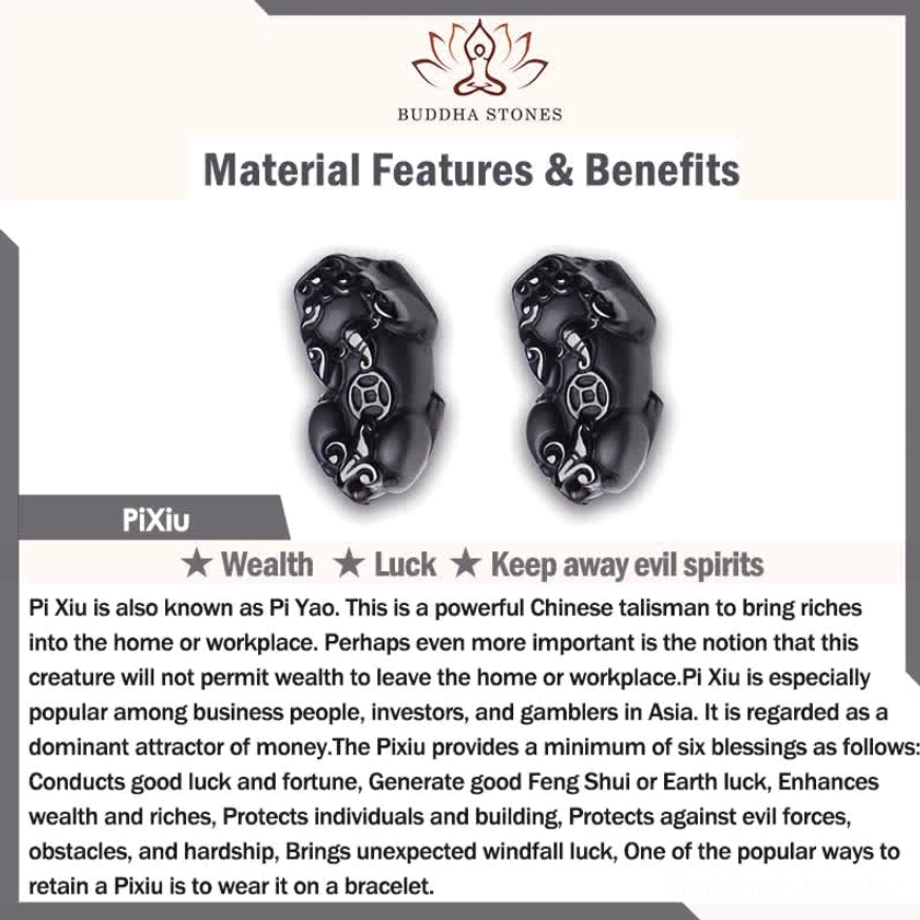 Pixiu wealth charm infographic showing prosperity luck and protection symbolism with carved Pixiu charms
