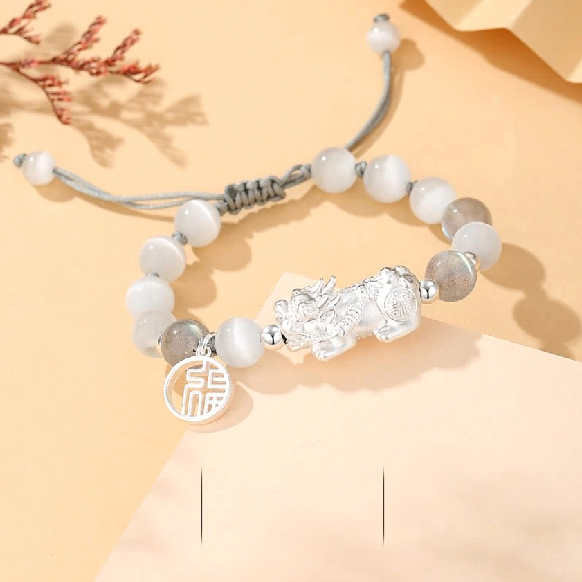 Pixiu prosperity bracelet with chrysoberyl moonstone beads, 999 sterling silver charm, adjustable wrist cord