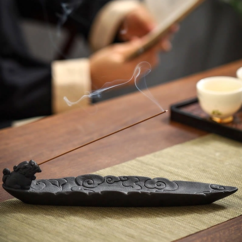 Buddhist Pixiu ceramic incense burner with embossed cloud design for spiritual practice