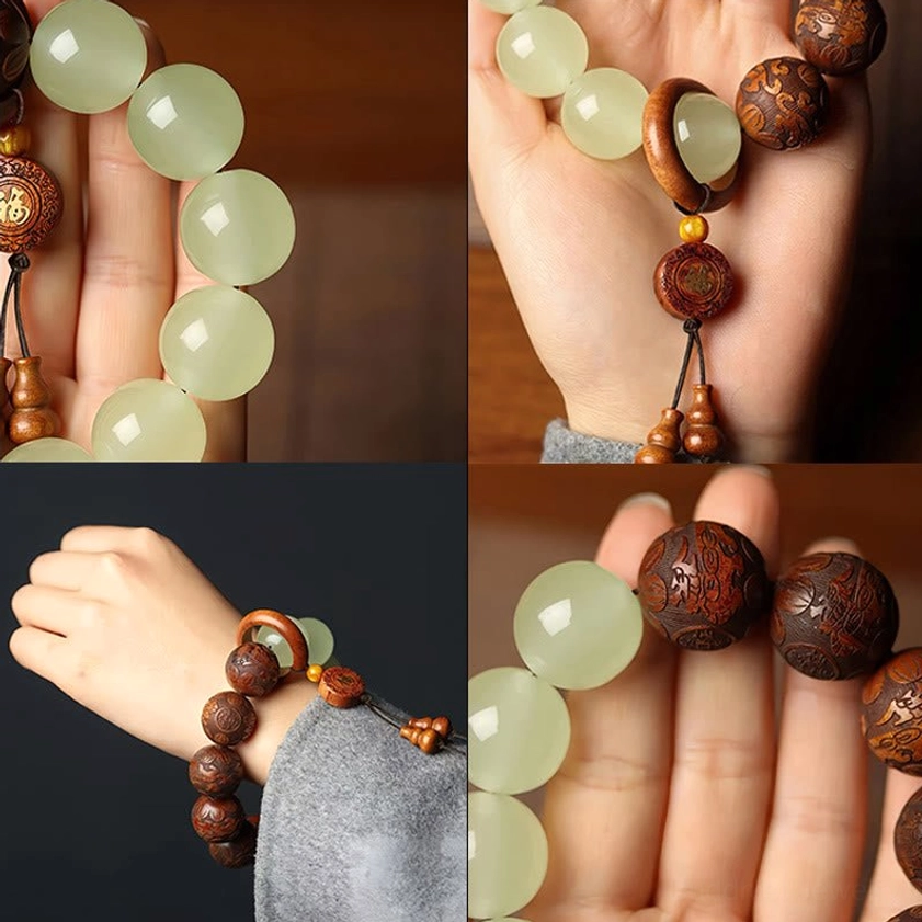 Handcrafted Pixiu Fu character Buddhist bracelet showing wood and jade combination with decorative elements