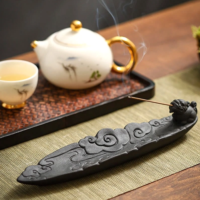 Pixiu ceramic incense holder artisan handcrafted with protection and prosperity symbolism