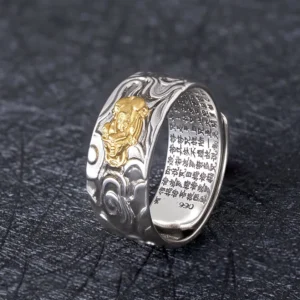 Pixiu Heart Sutra adjustable ring with two-tone silver and gold design, showing detailed cloud patterns and laser-engraved sutra text from top-down perspective