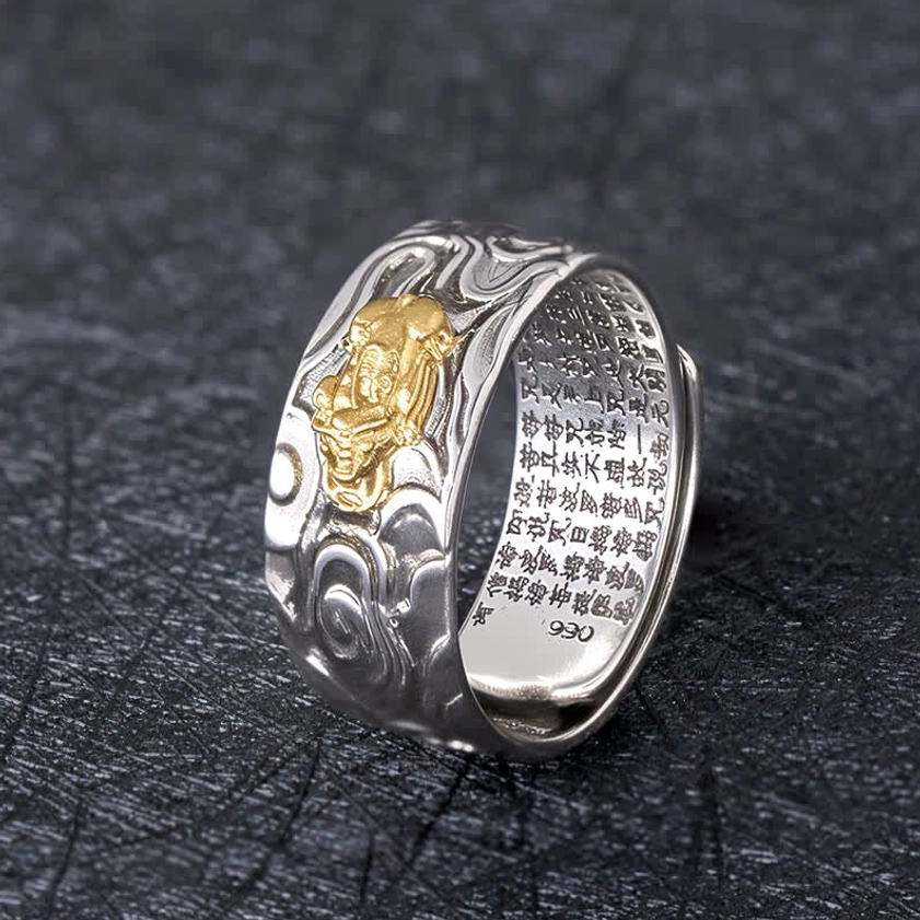 Pixiu Heart Sutra adjustable ring with two-tone silver and gold design, showing detailed cloud patterns and laser-engraved sutra text from top-down perspective