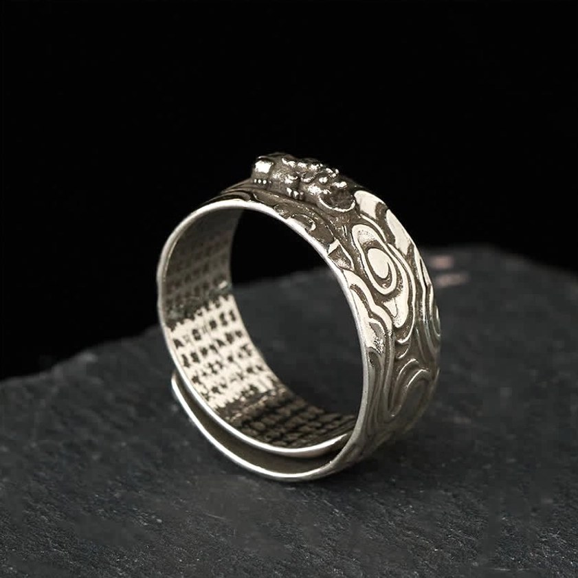 Pixiu Heart Sutra adjustable ring lifestyle wear showing spiritual Buddhist jewelry on hand with two-tone silver-gold design