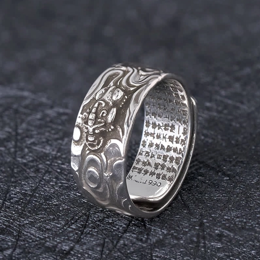 Silvery Pixiu Heart Sutra adjustable ring from 3/4 top angle with solid silver finish and laser-engraved inner sutra text