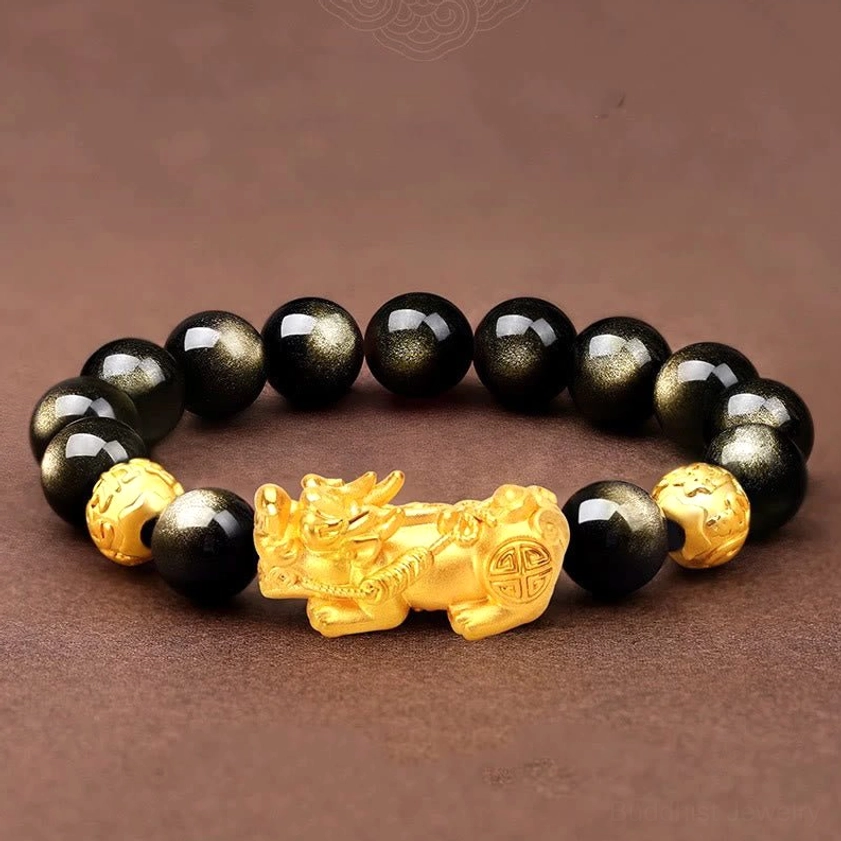 10mm gold sheen obsidian Pixiu bracelet with Om Mani Padme Hum for wrist circumference 14-16cm, delicate smaller beads ideal for petite wrists