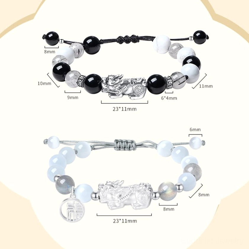 Two-piece Pixiu prosperity bracelet set, dual sterling silver charms with black obsidian turquoise and chrysoberyl moonstone
