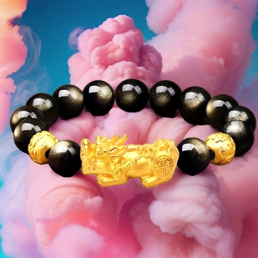 Gold sheen obsidian Pixiu Buddhist bracelet detail shot showcasing handcrafted quality, natural bead variations, and authentic artisan craftsmanship