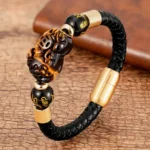 Tiger Eye PiXiu leather bracelet with Om Mani Padme Hum beads and copper coin charm - handcrafted Buddhist wealth bracelet