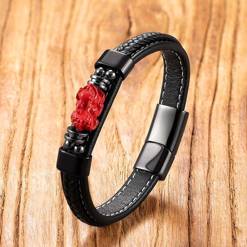 Pixiu pi xiu cinnabar leather bracelet with wealth guardian charm and premium braided leather strap