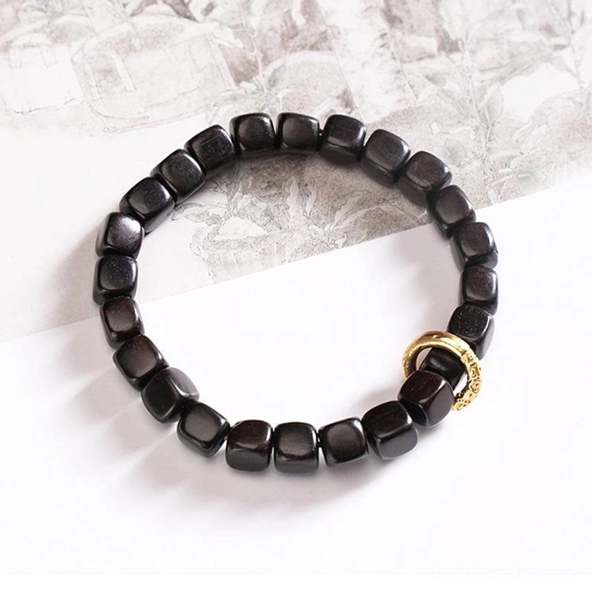 Ebony wood bracelet without dzi bead, plain cubic dark wood beads with gold-tone copper ring, minimalist spiritual bracelet design