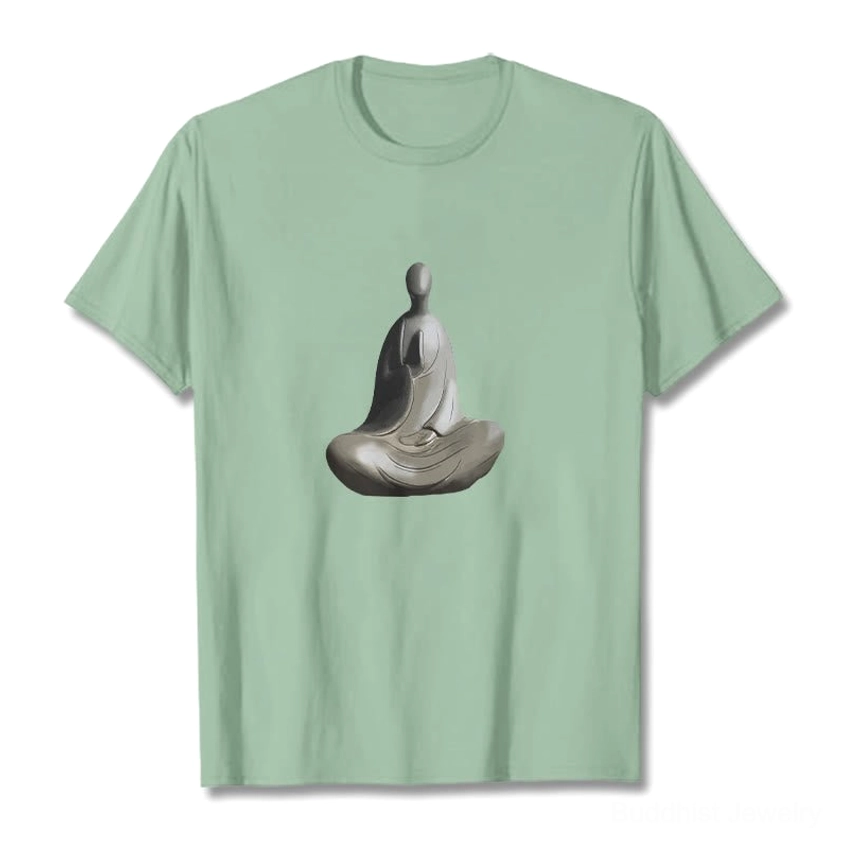 Person styling plum Buddhist t-shirt with formless Buddha print for casual outdoor wear