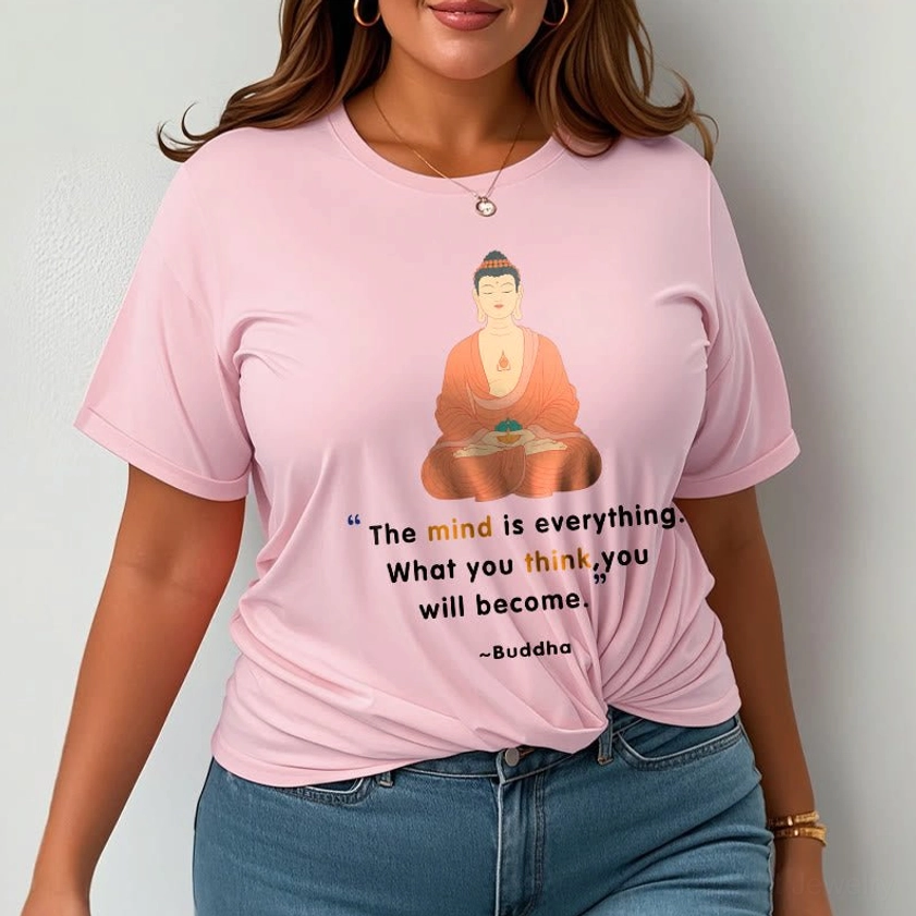 Plus size womens pink Buddhist meditation t-shirt front model view relaxed fit