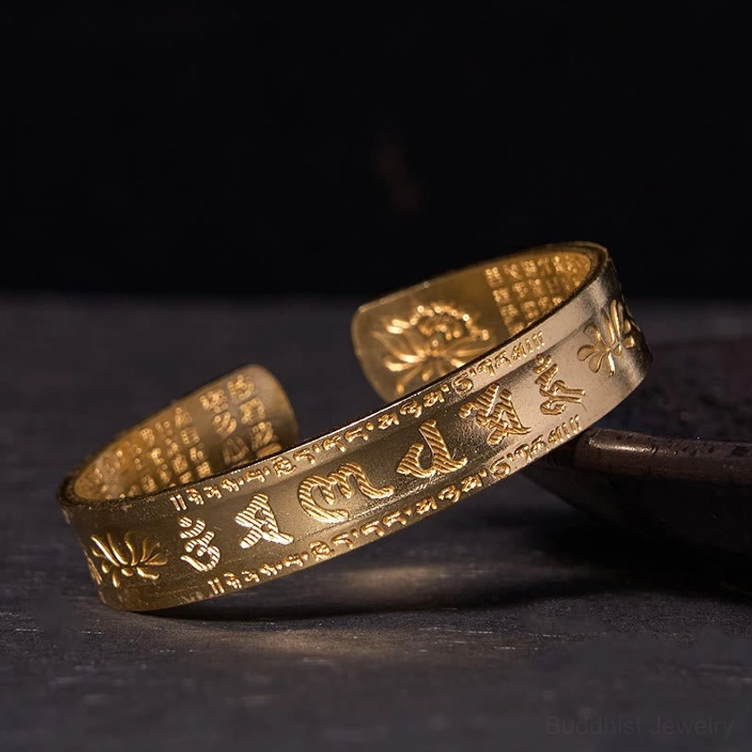 Polished Om Mani Padme Hum lotus heart sutra brass cuff bracelet shiny finish detail