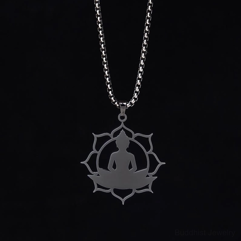 Stainless steel buddha lotus pendant necklace polished finish spiritual