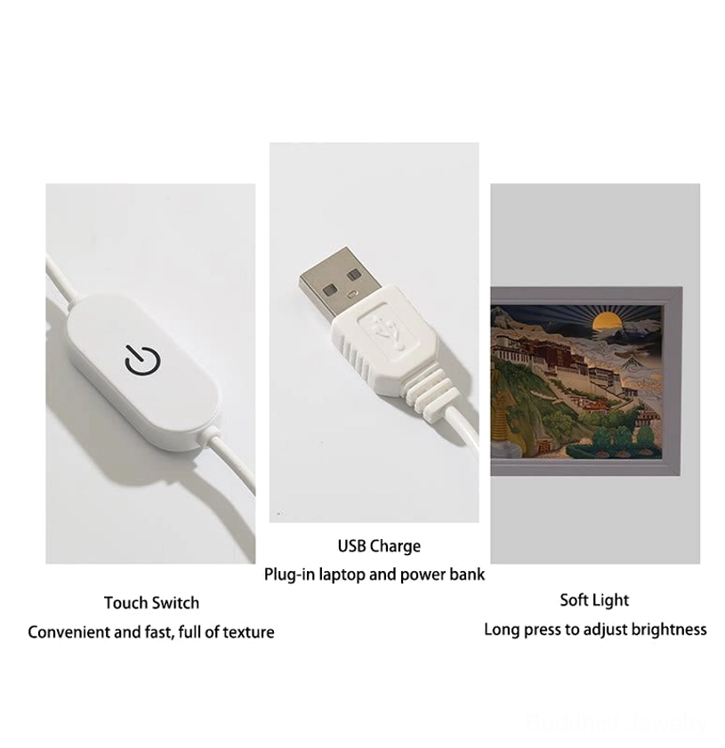 Buddhist paper carving LED lamp accessories including touch switch and USB charging cable