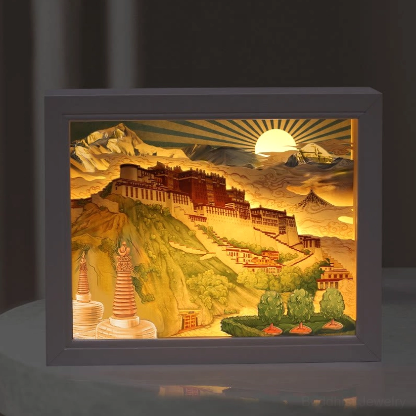 Bedside Buddhist paper carving LED lamp providing soft ambient light for relaxation and better sleep