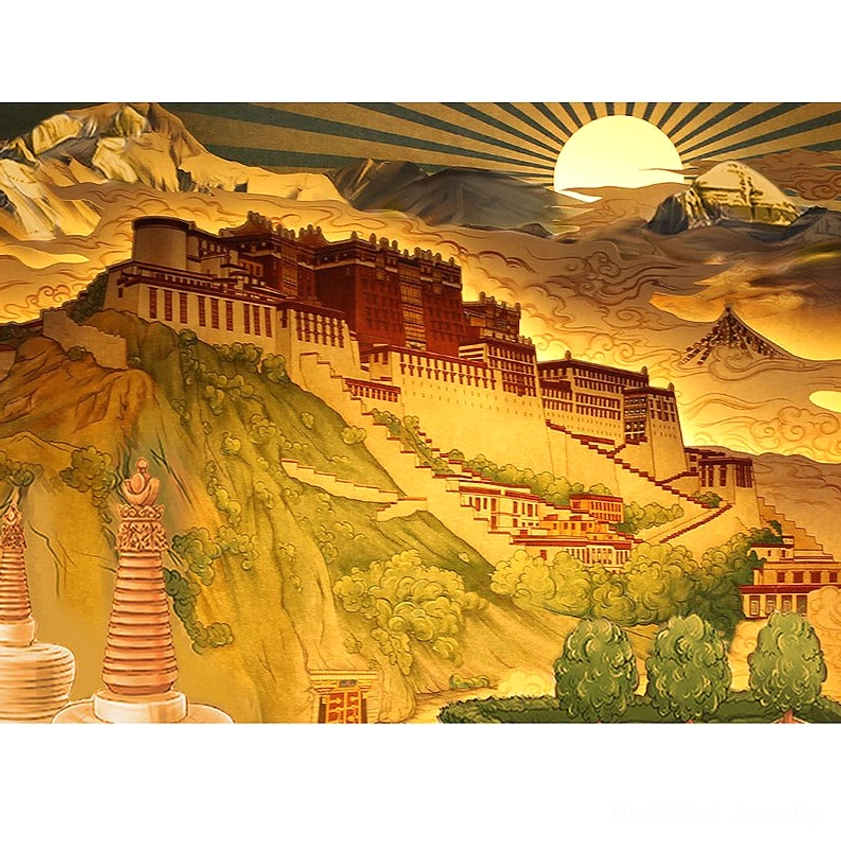 Close-up front view of Potala Palace paper carving lamp showing detailed palace scenery with warm glowing light