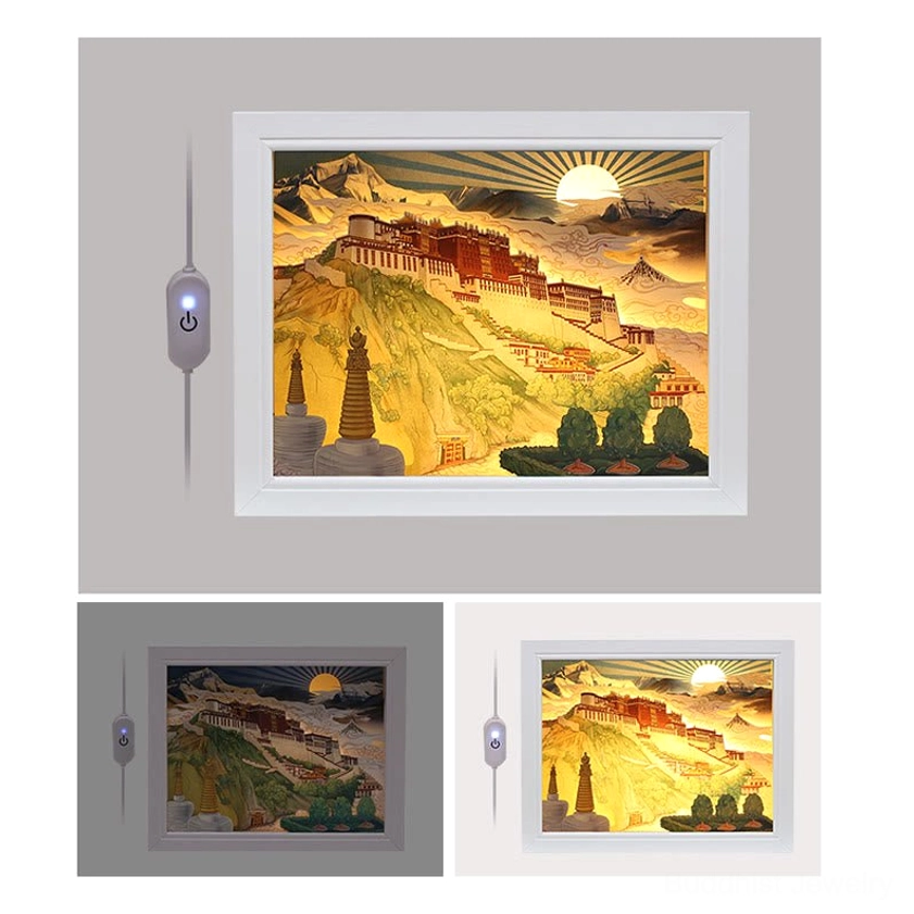 Multiple sizes of handcrafted Potala Palace LED carving lamps displayed in flat lay product showcase