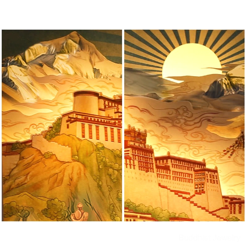 Split-panel Potala Palace LED lamp showcasing Tibetan architectural details and two-part paper carving design