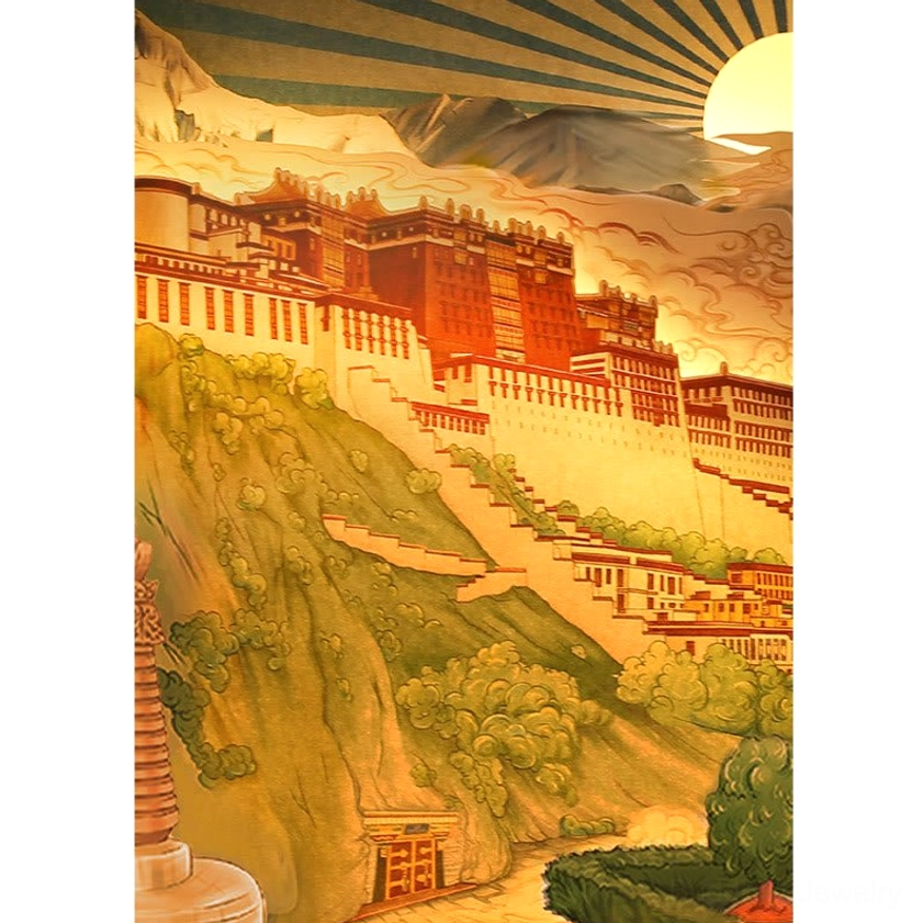 Front close-up view of handcrafted Potala Palace LED lamp with sunburst background and warm yellow illumination