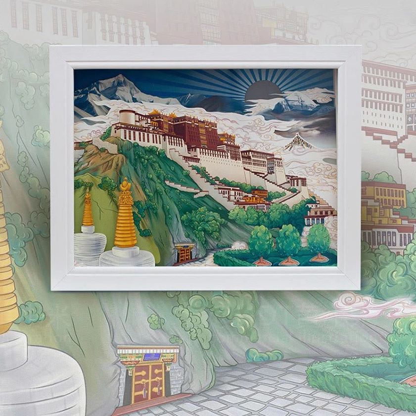 Wall-mounted Buddhist Potala Palace paper carving LED lamp with white frame and layered landscape design